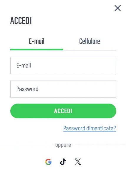 Finestra di accesso Winnita Casino con campi e-mail e password e pulsante Accedi