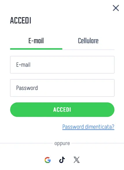 Finestra di accesso Winnita Casino con campi e-mail e password e pulsante Accedi