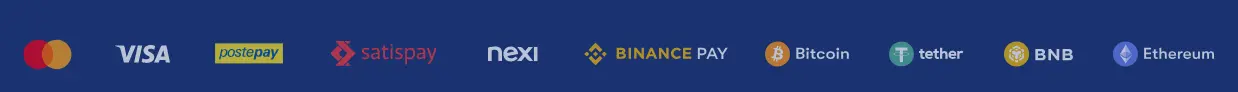 Winnita Casino metodi di pagamento con loghi Mastercard, Visa, Postepay, Satispay, Nexi, Binance Pay, Bitcoin, Tether, BNB e Ethereum