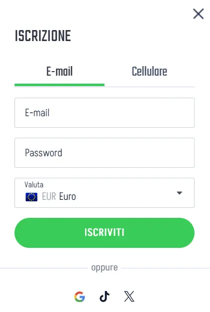 Modulo di registrazione Winnita Casino con campi e-mail, password, valuta e pulsante Iscriviti