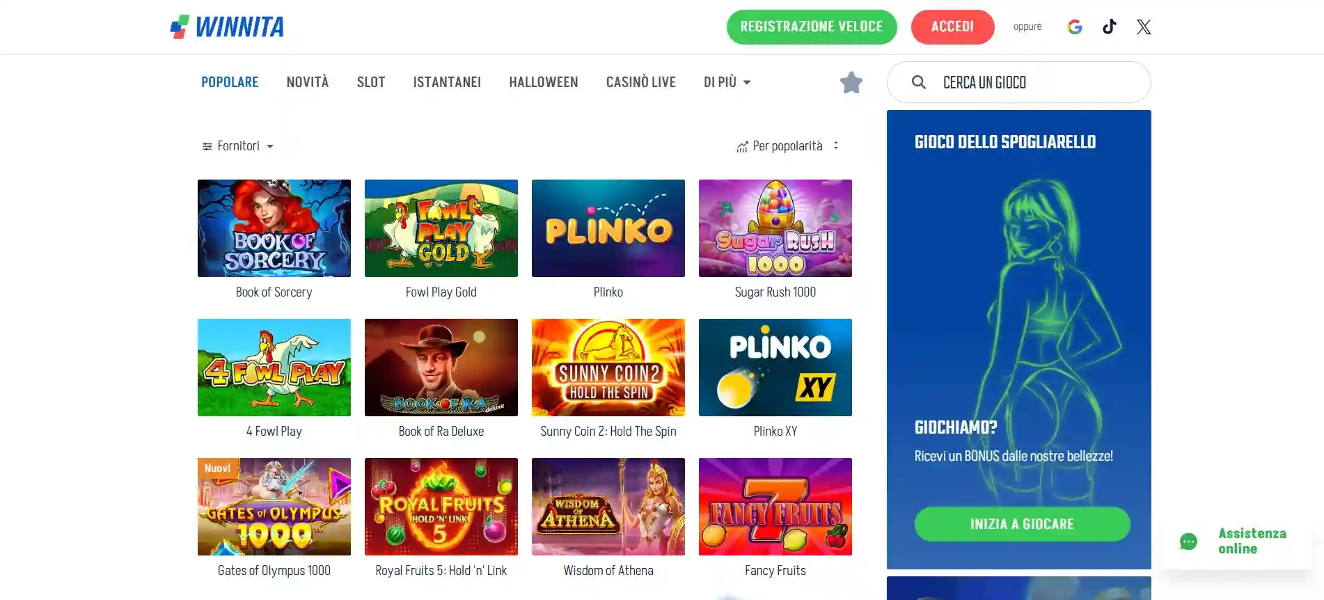 Lobby di Winnita Casino con slot popolari come Book of Sorcery, Fowl Play Gold, Plinko e Sugar Rush 1000
